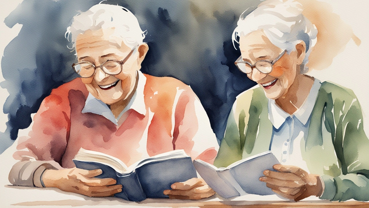 An elderly person reads a book with a caregiver sitting beside them, sharing a laugh.