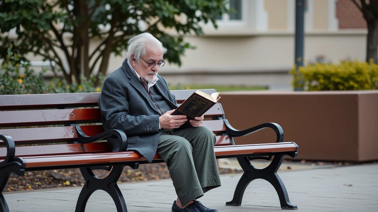 An elderly person sitting on a bench, reading a book.