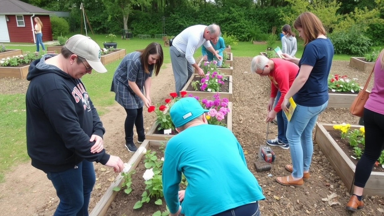 People are participating in a gardening activity, planting flowers in raised beds.