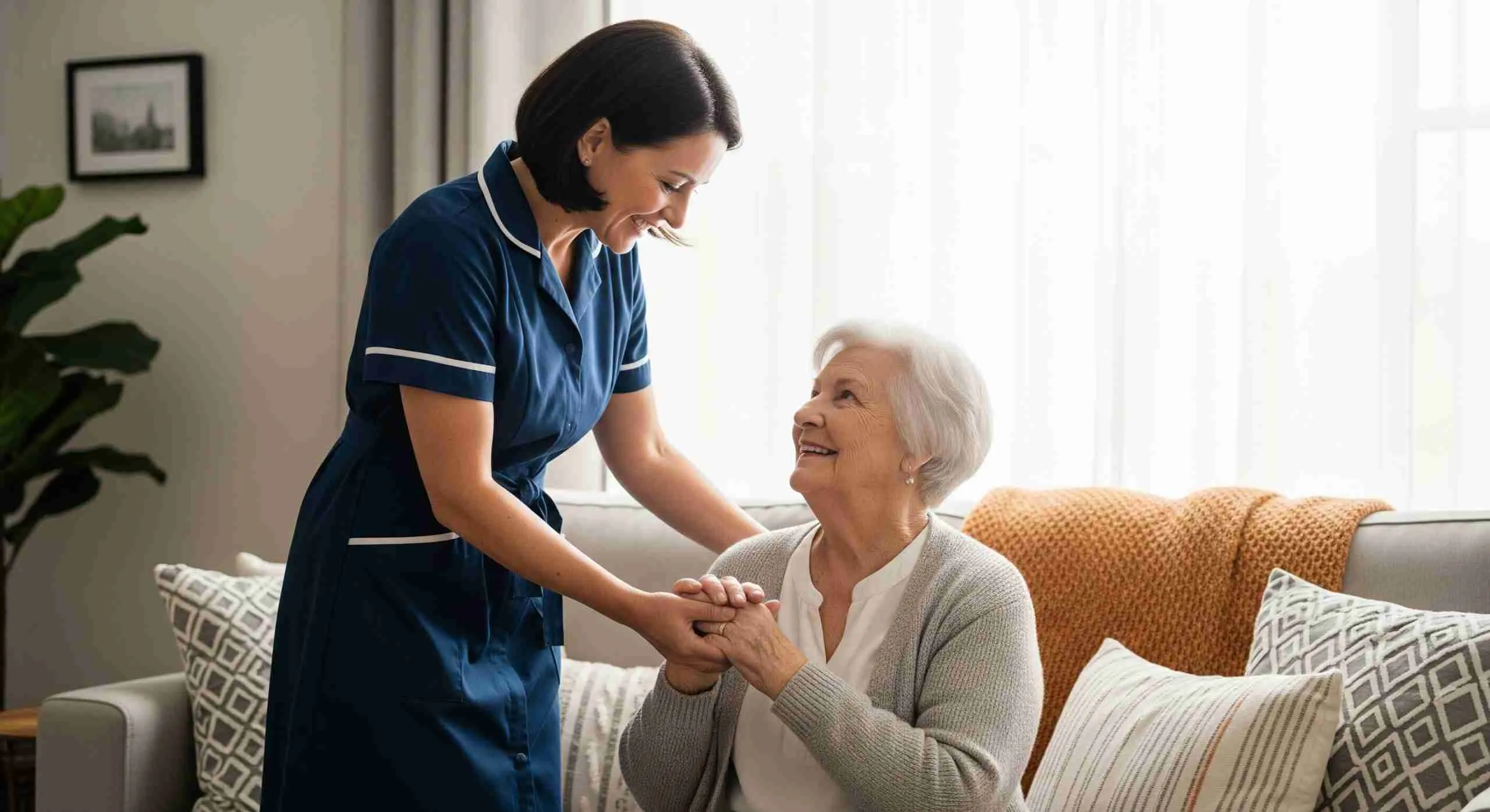 Smiling nurse holding hands with an elderly woman