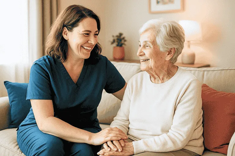 Smiling nurse holding hands with an elderly woman